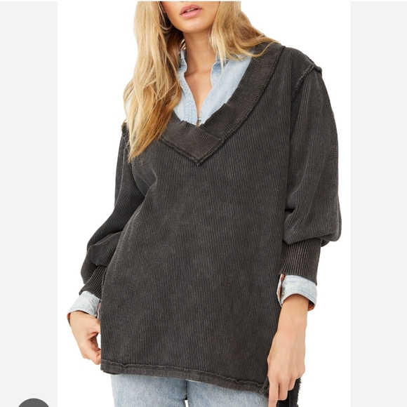 Free People Asher Thermal Knit Vneck Top Black NWT - Picture 13 of 13